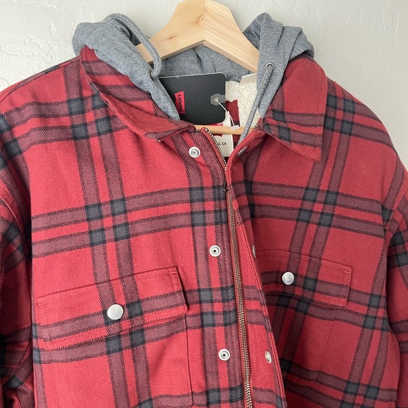 Levi's Francico Sherpa Flannel hooded shirt jacket red NEW large - Picture 11 of 15